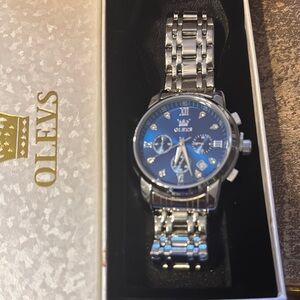 Silver and Blue Chronograph Watch with Stainless Steel Band
